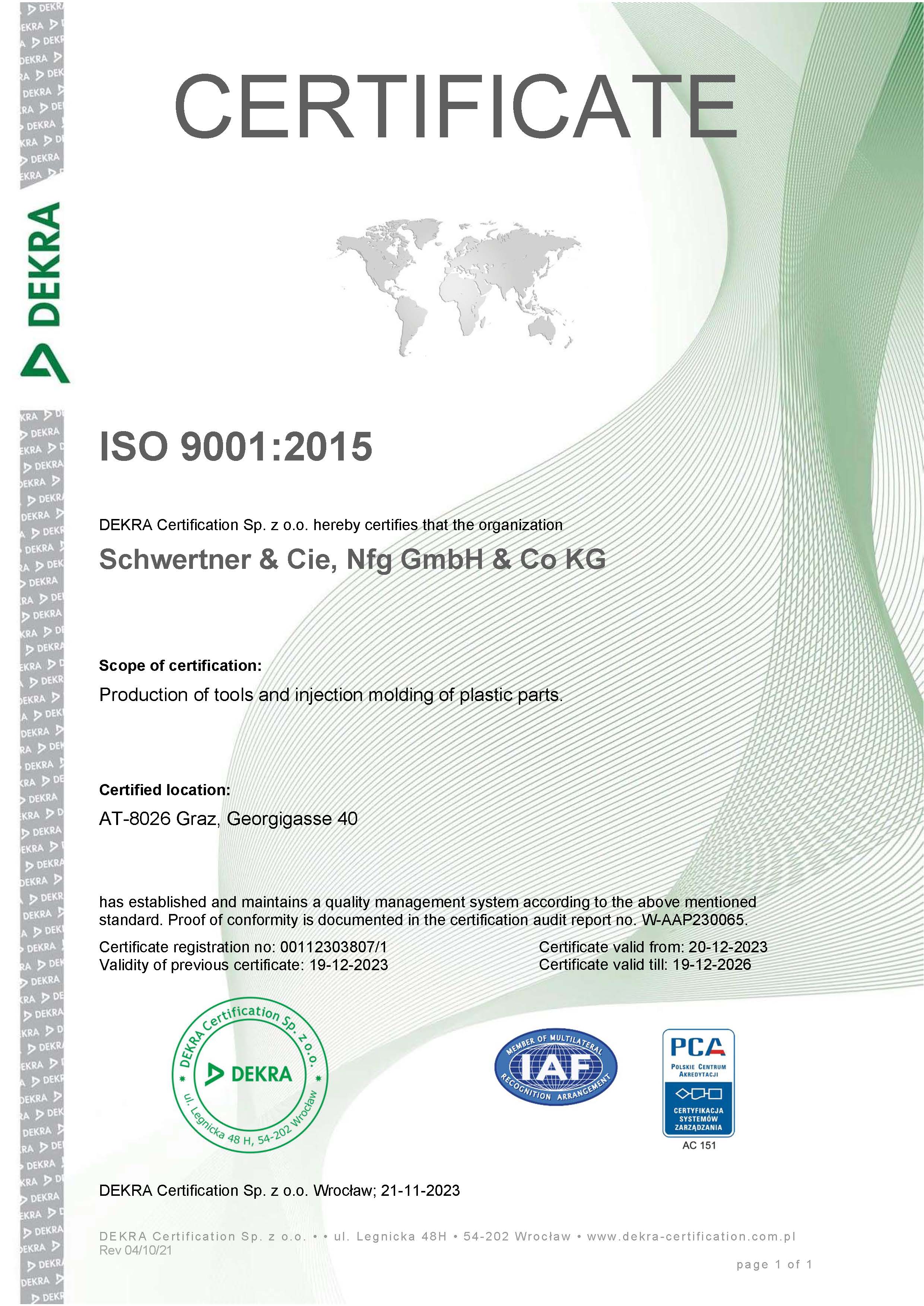 Schwertner certificate Iso 9001:2015